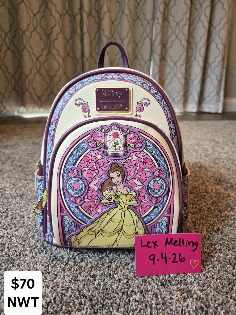 Loungefly Belle Stained Glass Mini Backpack - Pink, Cream, Purple, Yellow